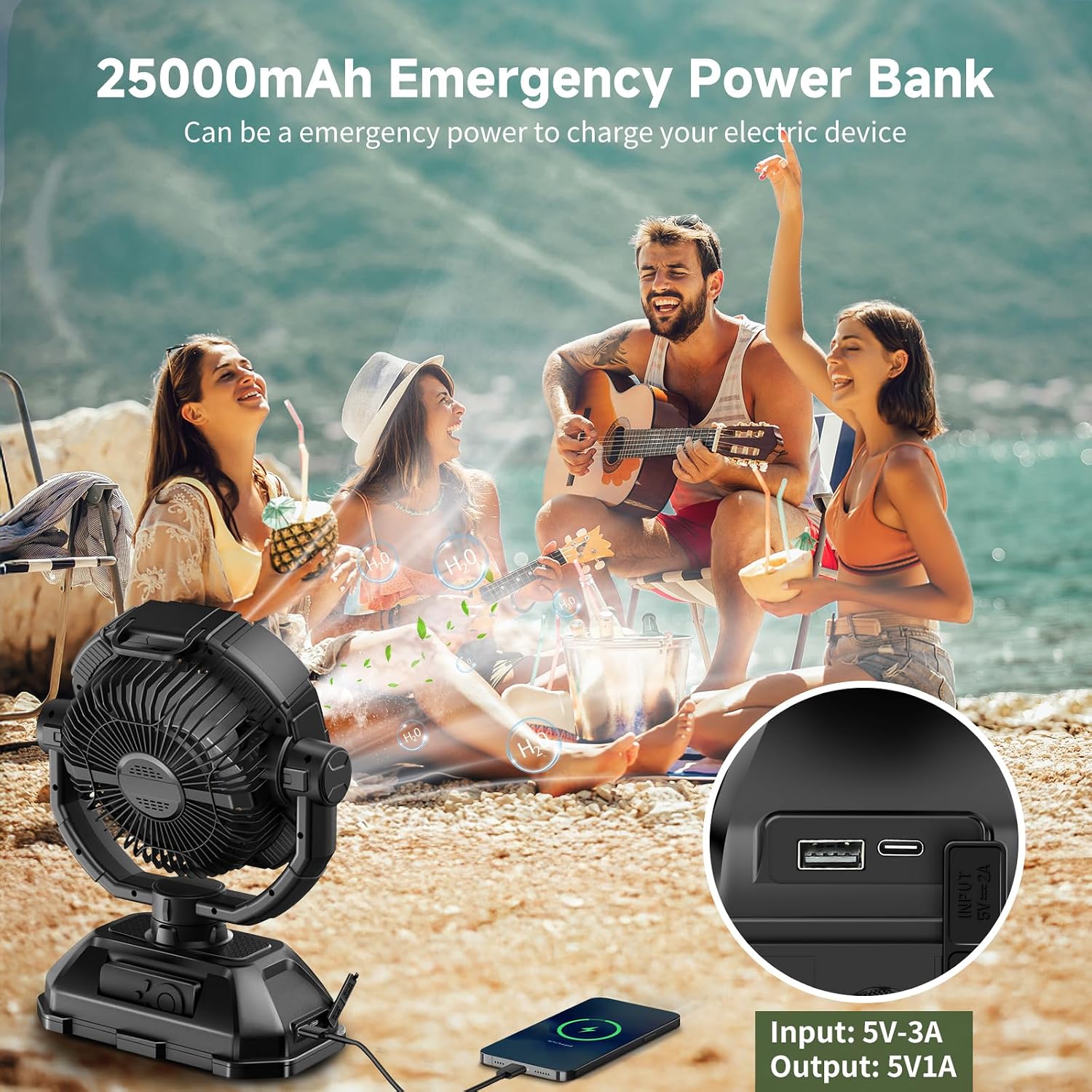 Portable Misting Fan Rechargeable For Hot Weather - 9-Inch Auto Swivel Camping Fan With 25000Mah Usb Battery As Power Bank, Outdoor Fan With 4 Mist Cooler, 7L Bucket For Patio,Yard,Beach,Golf (Black)