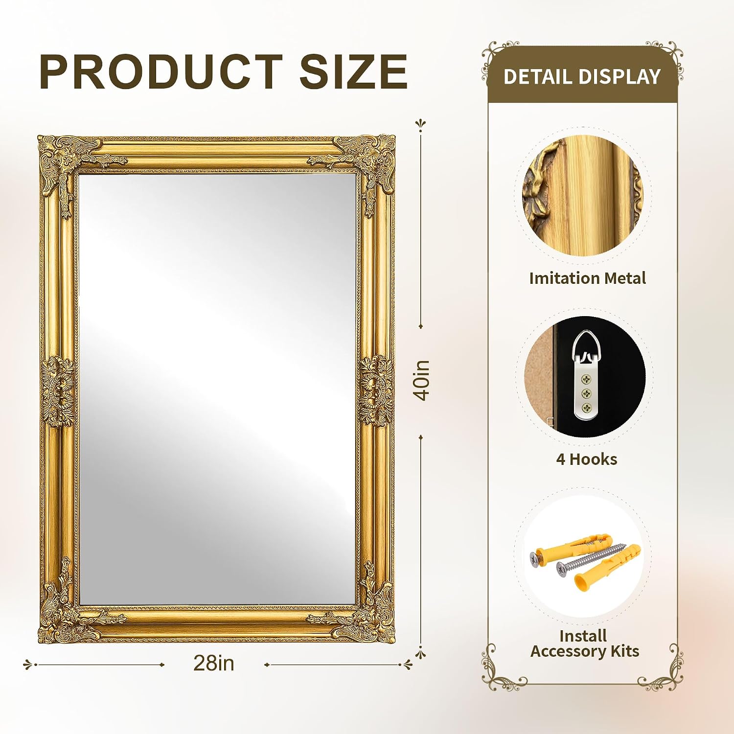 Vintage Gold Mirror For Wall, 28"X40" Antique Decorative Ornate Baroque Mirror For Living Room, Entryway, Bathroom, Fireplace(Antique Gold)