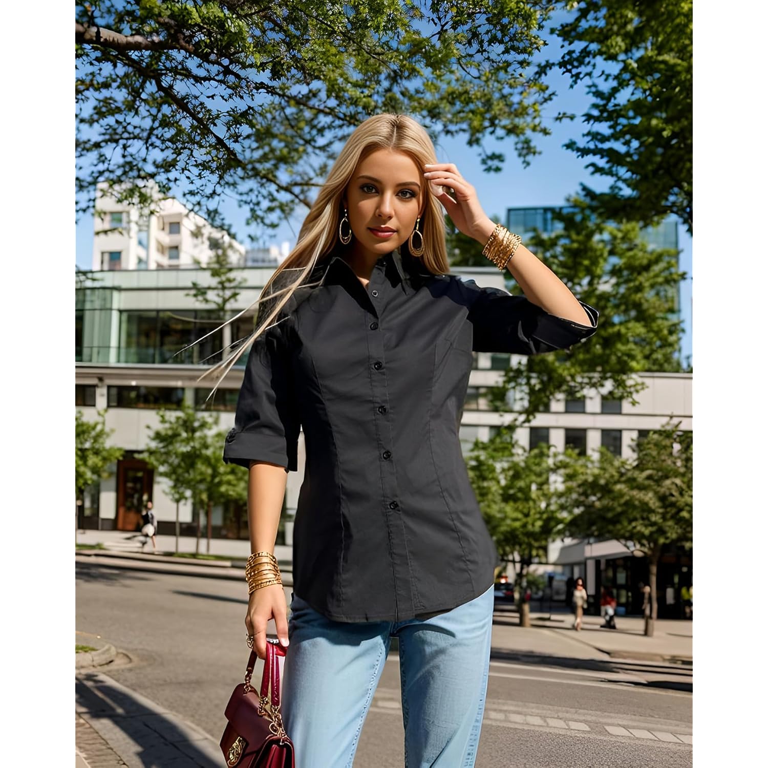 Womens 3/4 Sleeve Button Down Shirt Slim Fit Work Blouses Cotton Dress Shirts Office Tops