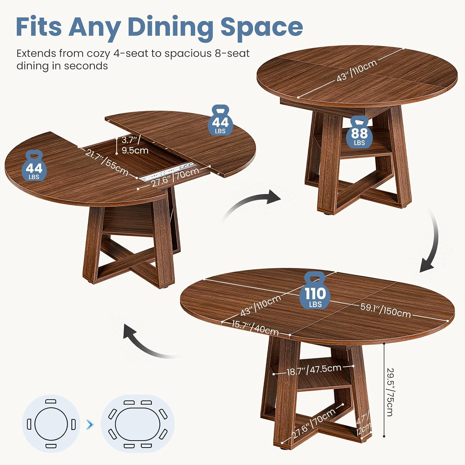Dumos Extendable Round Dining Table For 4-8, Kitchen Table Storage Shelf | Extendable Oval Wood Pedestal Base, Space Saving Modern Style For 4-8, Brown