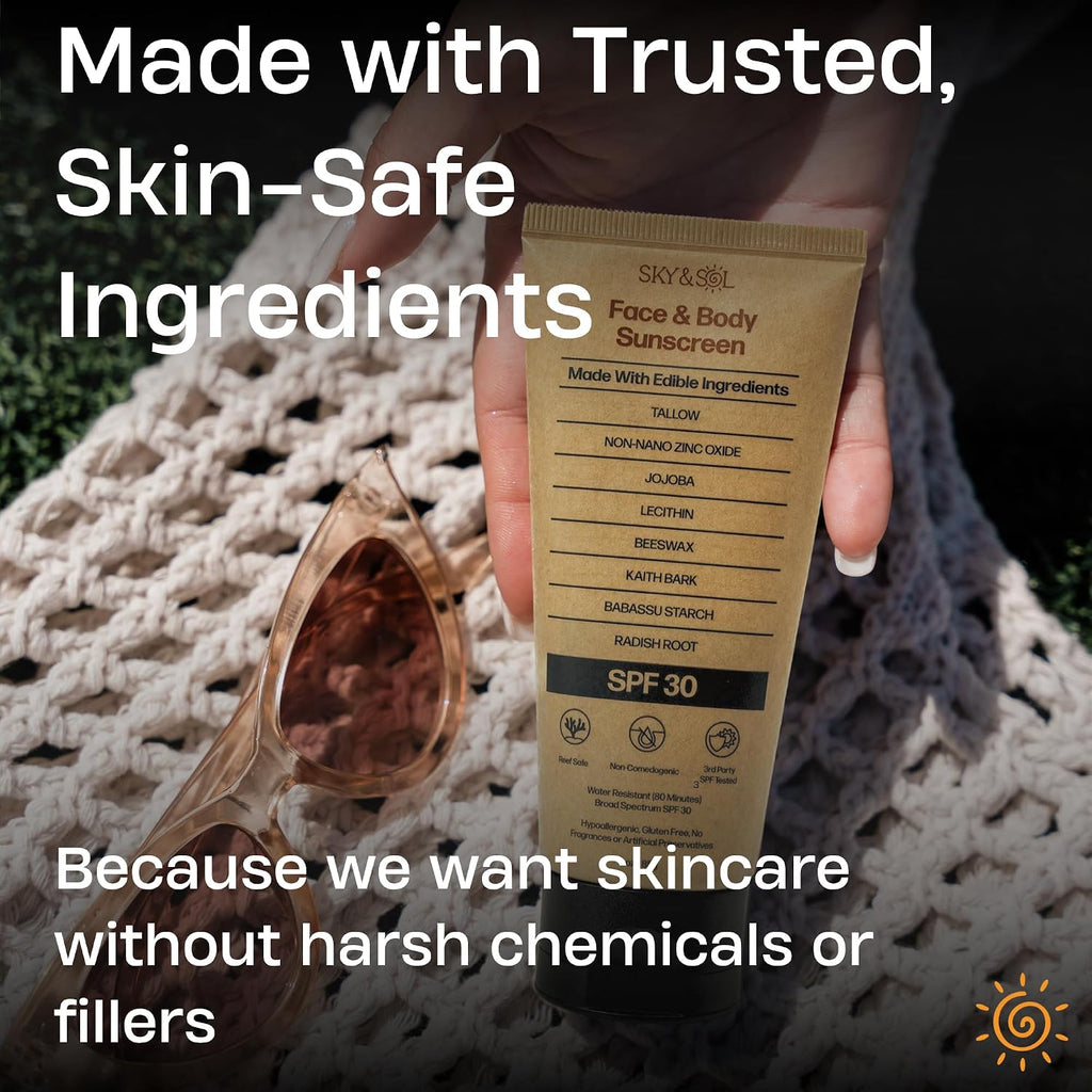 Sky And Sol Natural Mineral Sunscreen Spf 30 3 Oz: Natural Tallow & Zinc Oxide, Reef Safe, Water Resistant, Fragrance-Free, Non-Greasy Formula For Face And Body