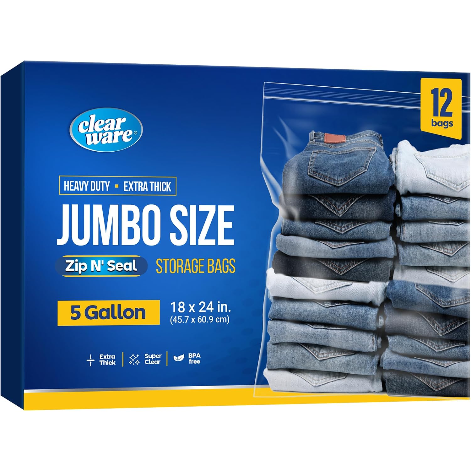 12 Large Storage Bags With Zipper Top - 5 Gallon Bags 18" X 24", Extra Large Plastic For Clothes, Travel, Moving, Large Reusable Freezer Bags, Bpa-Free, 2-Mil Thick