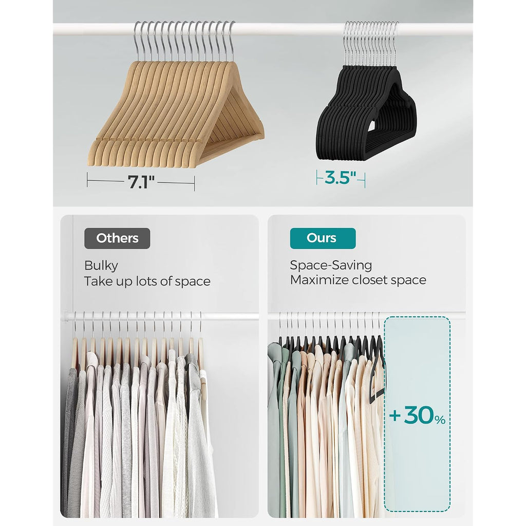 Songmics Velvet Hangers 50 Pack, Non-Slip Clothes Hangers, With Shoulder Notches, Pants Bar, 360° Swivel Hook, Space-Saving, For Closet, Ink Black Ucrf029B05
