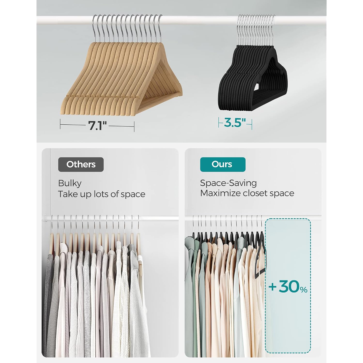 Songmics Velvet Hangers 50 Pack, Non-Slip Clothes Hangers, With Shoulder Notches, Pants Bar, 360° Swivel Hook, Space-Saving, For Closet, Ink Black Ucrf029B05