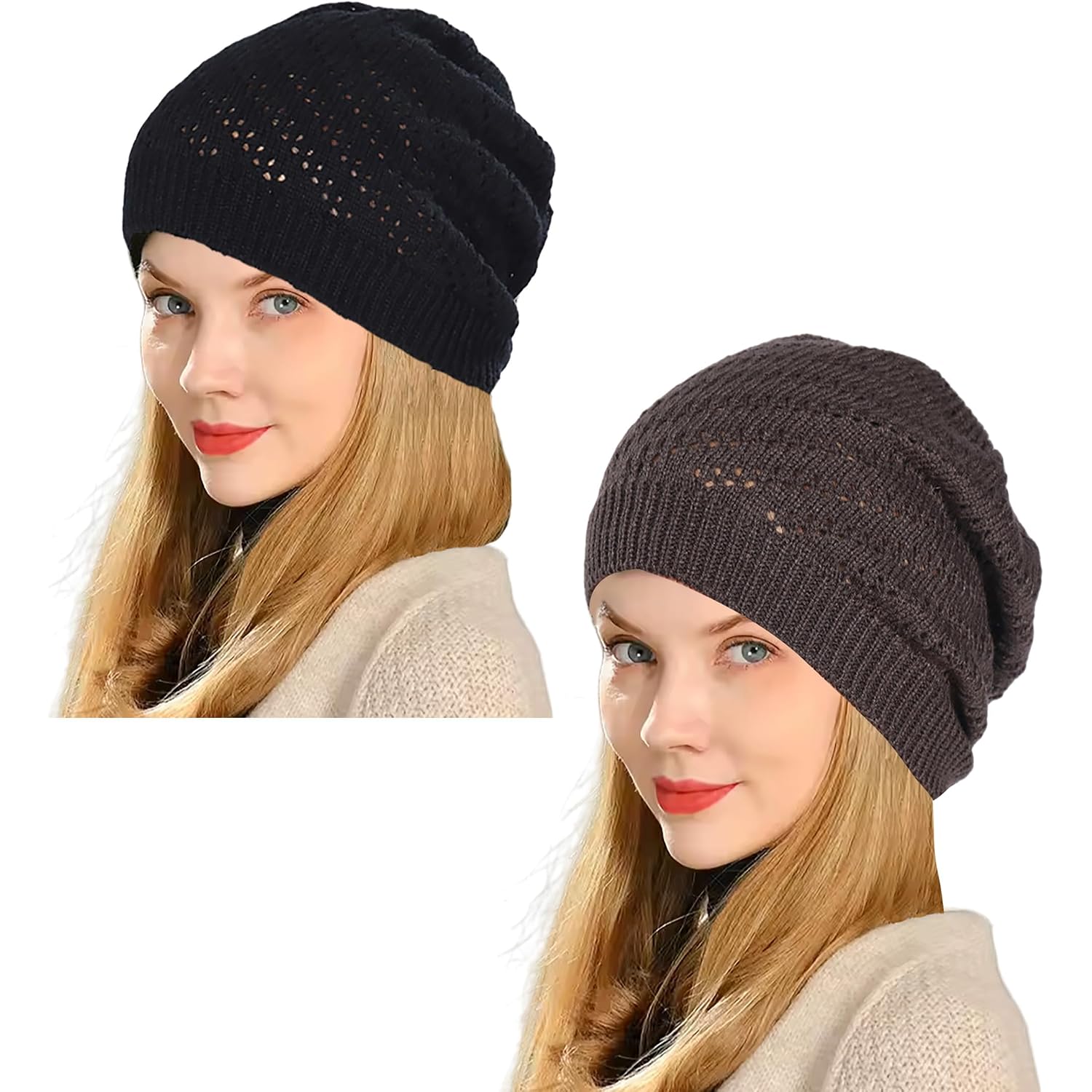 Thin Crochet Beanie Hat for Women Summer Winter Fall Mesh Slouchy Knit Hats Lightweight Crochet Caps Black+dark Gray