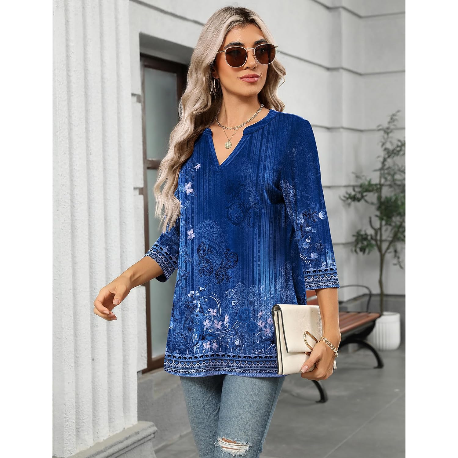 Womens 3/4 Length Sleeve Tops V Neck Tunic Casual Dressy Blouse Floral Printed Shirts