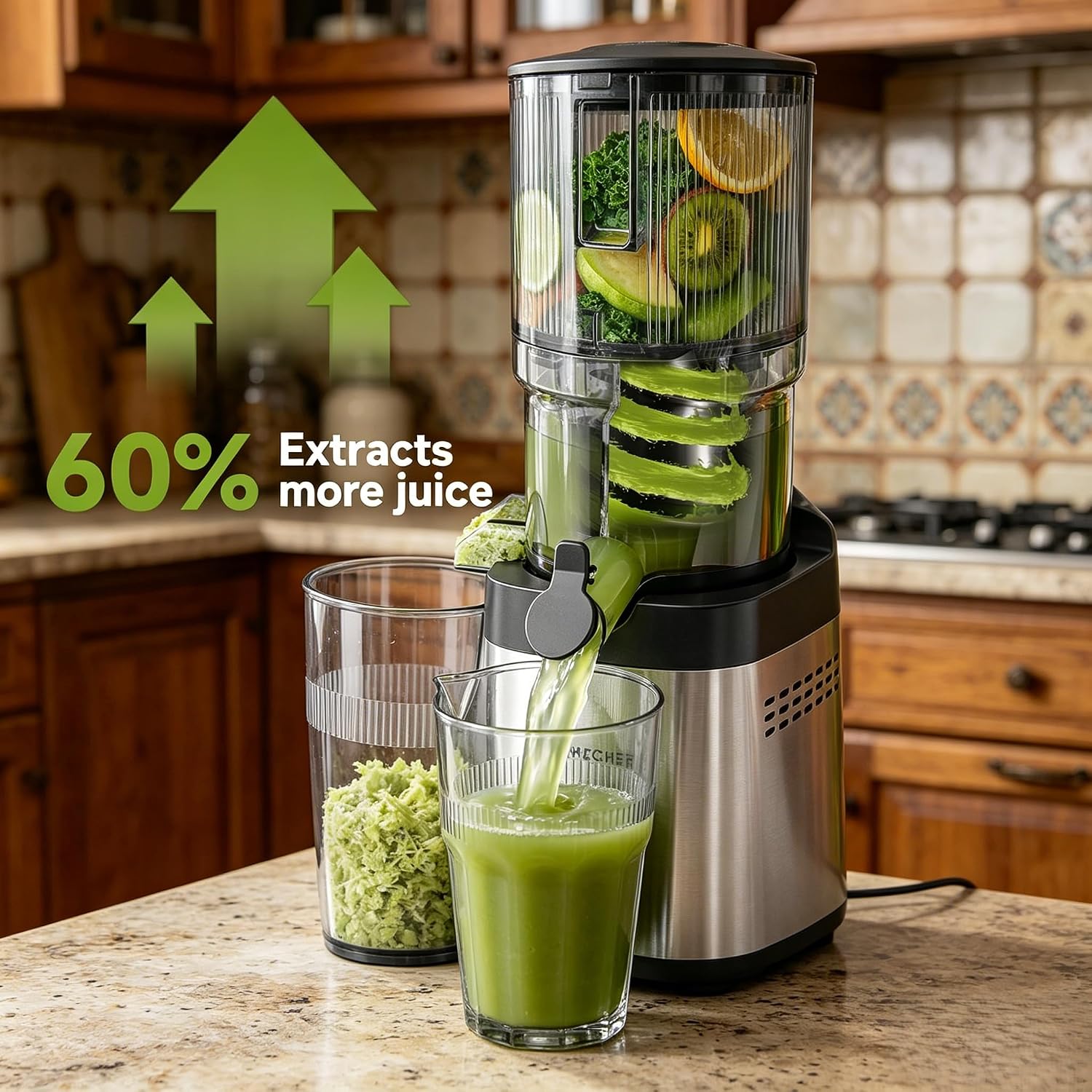Cold Press Juicer Machine, 5.4" Wide Self-Feeding Chute For Whole Fruits & Vegetables, Masticating Juice Extractor With Large Auger & Triple Strainers, High Juice Yield, Easy To Clean