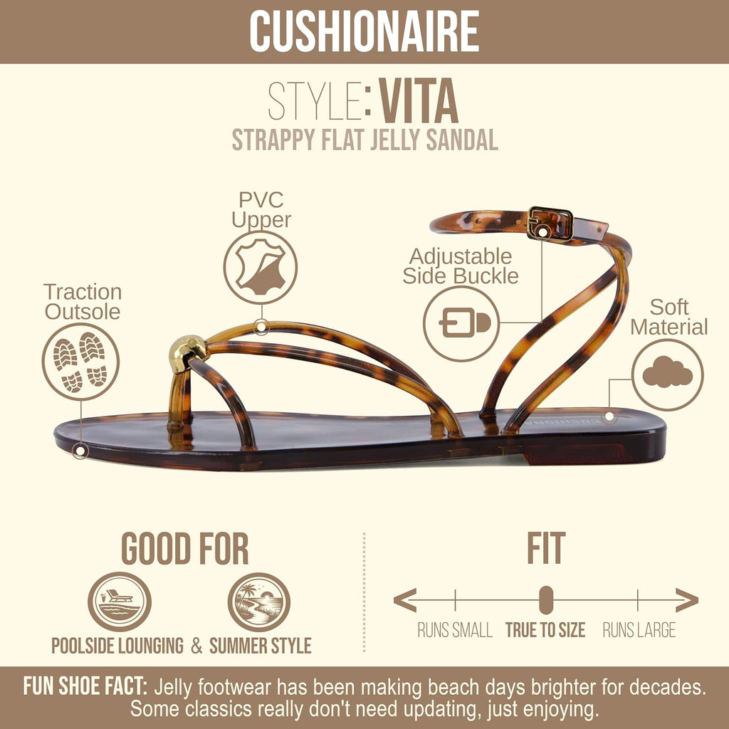 Cushionaire Vita Jelly Sandals For Women, Casual Lightweight Womens Strappy Sandals With Adjustable Buckle Strap And Gold Hardware Accent