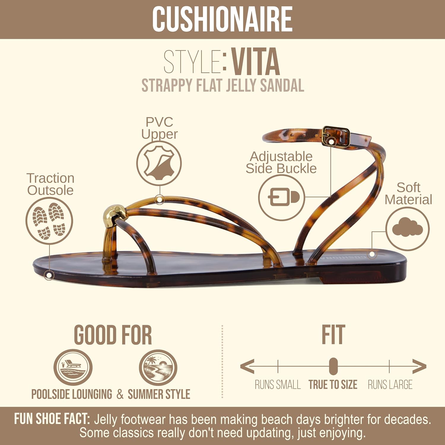 Cushionaire Vita Jelly Sandals For Women, Casual Lightweight Womens Strappy Sandals With Adjustable Buckle Strap And Gold Hardware Accent