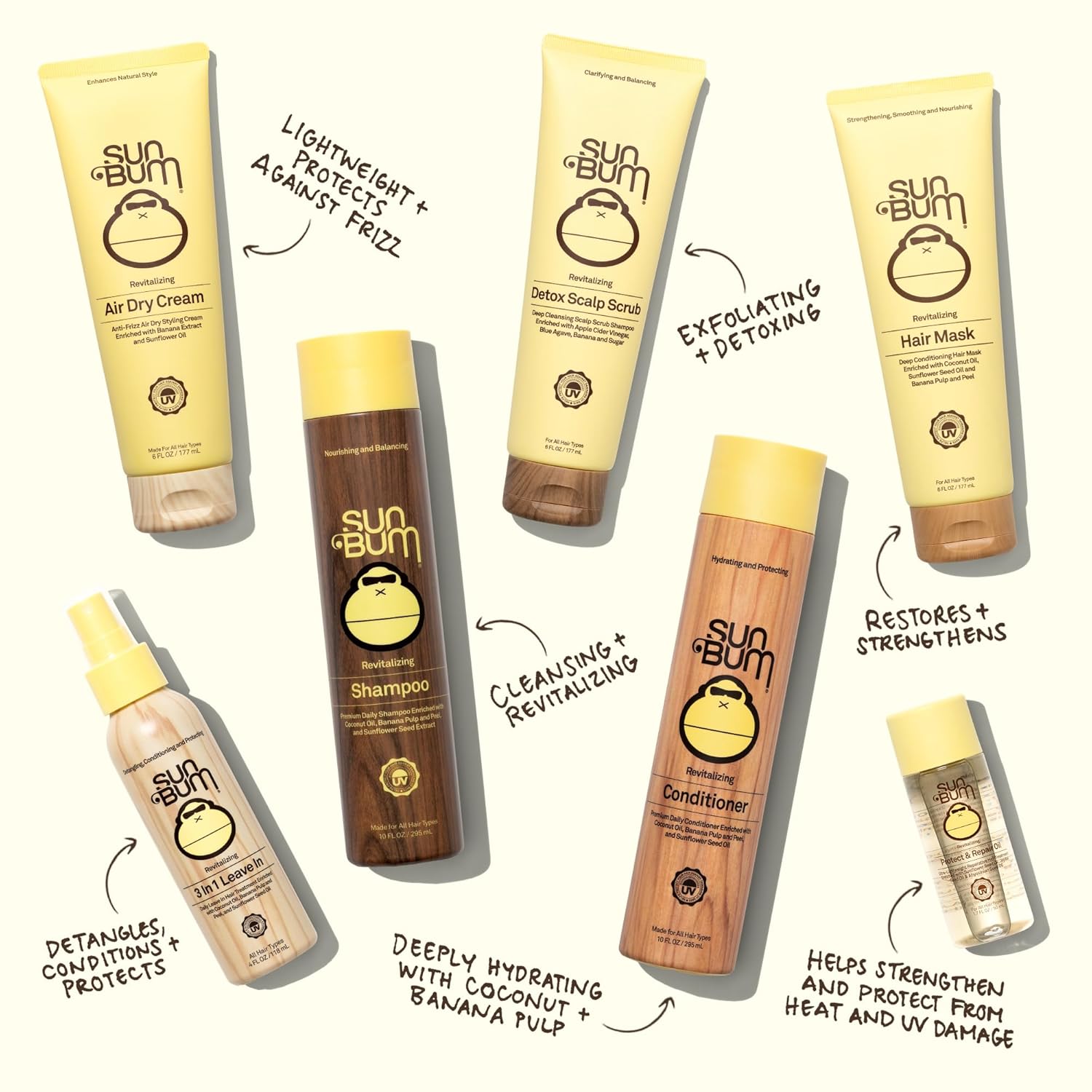Sun Bum Revitalizing 3 in 1 Leave In Conditioner - Anti Frizz Detangler - Color Friendly with UV Protection - Enriched with Coconut Oil and Banana - 4 oz
