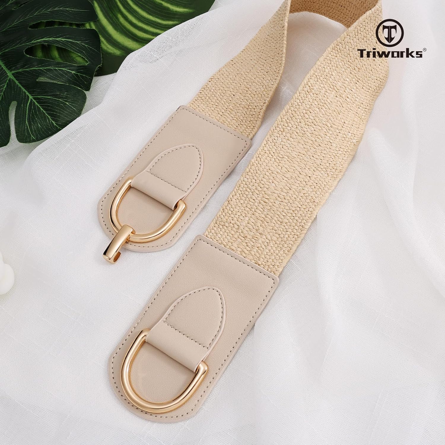 TRIWORKS Straw Woven Elastic Belt for Women Wide Boho Braided stretchy Belt Rattan Waist Belt for Dress