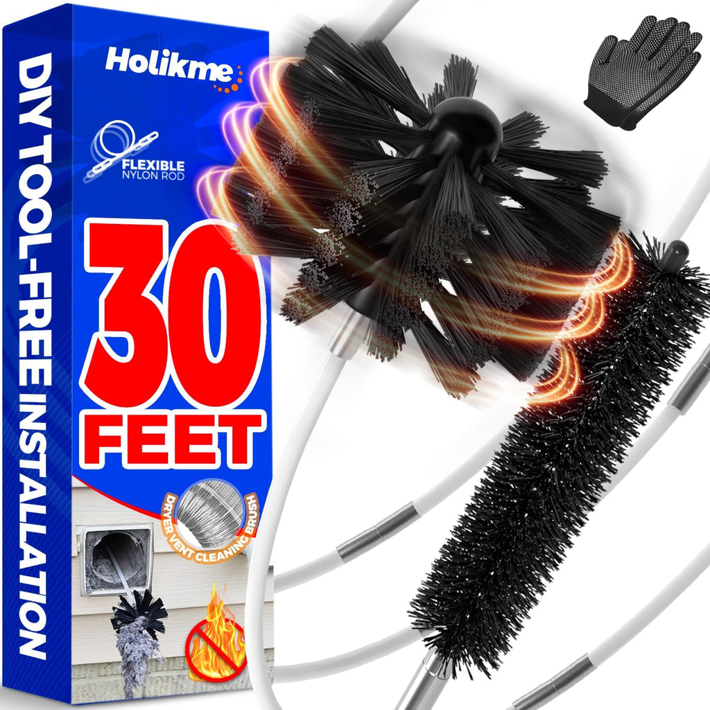 Holikme Dryer Vent Cleaner Kit - 30Ft Fireplace Chimney Brushes Flexible | Dryer Vent Cleaner Brush With Drill Attachment, Removes Years Of Lint Buildup, Improves Airflow, Faster Drying & Fire Safety