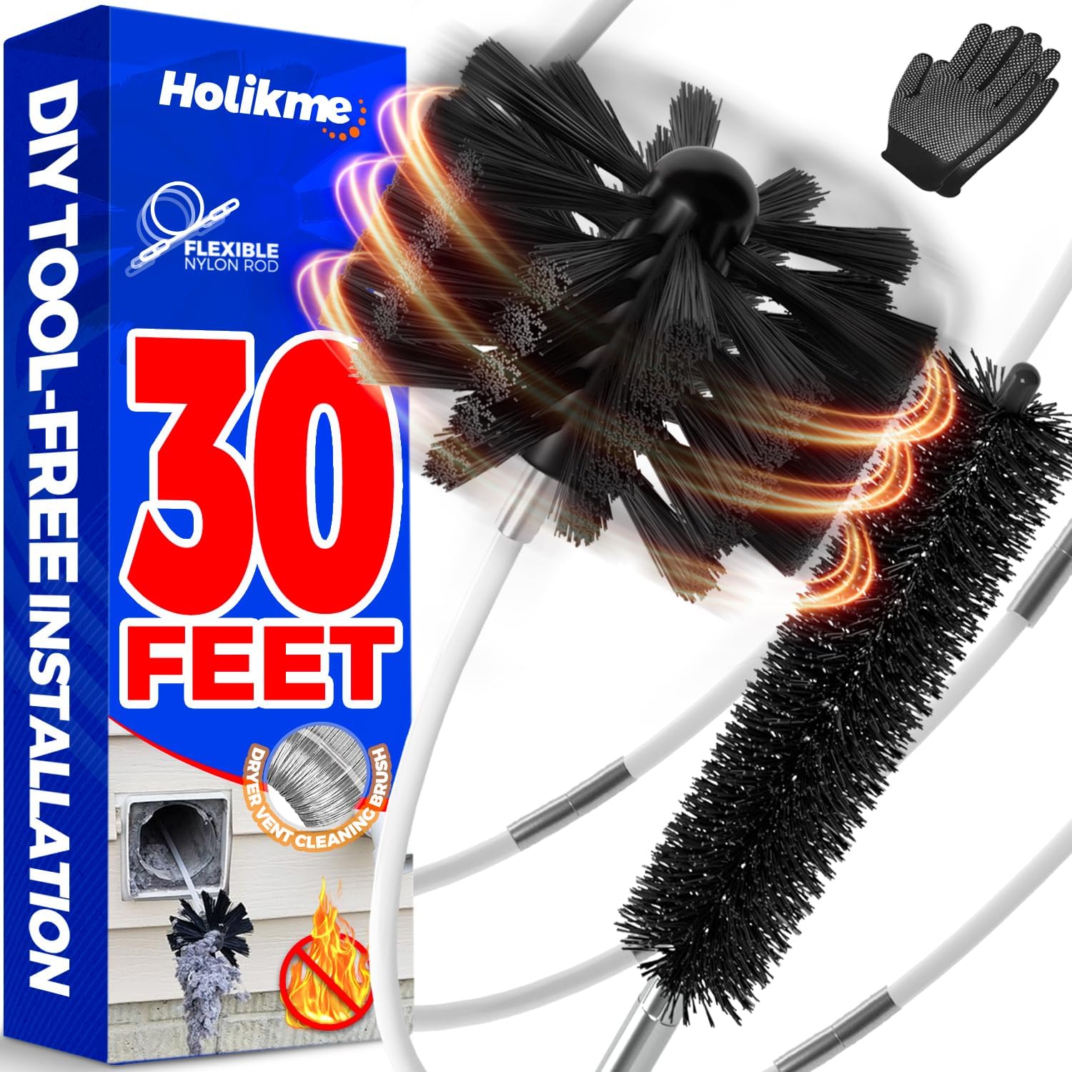 Holikme Dryer Vent Cleaner Kit - 30Ft Fireplace Chimney Brushes Flexible | Dryer Vent Cleaner Brush With Drill Attachment, Removes Years Of Lint Buildup, Improves Airflow, Faster Drying & Fire Safety