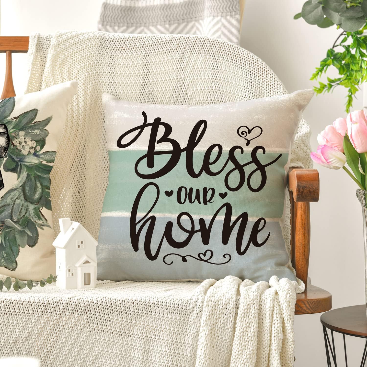 AVOIN colorlife Fall Sweet Home Eucalyptus Lamb Ear Wreath Throw Pillow Covers, 18 x 18 Inch Bless Our Home Buffalo Plaid Cushion Case for Sofa Couch Set of 4