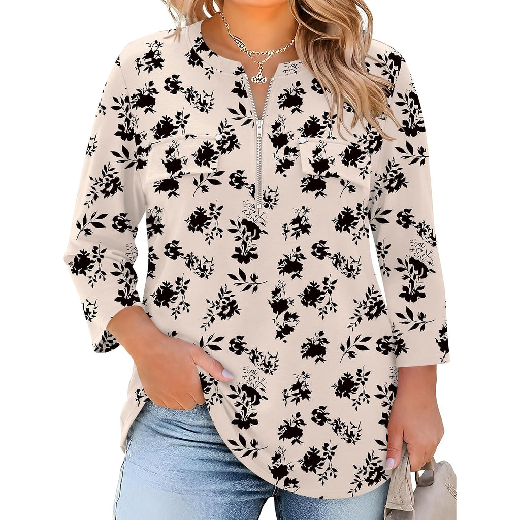 Lomon 3/4 Length Sleeve Womens Plus Size Tops V Neck Tunic Blouses Dressy Casual Oversized Basic Tees Loose Fit Shirts