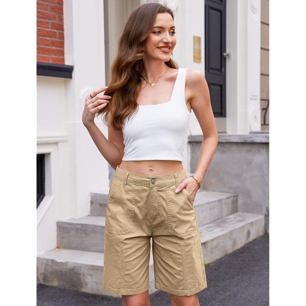Bermuda Shorts for Women Long Knee Length Jean Shorts Denim Stretchy Cotton Jorts with Pockets Casual Relaxed Fit