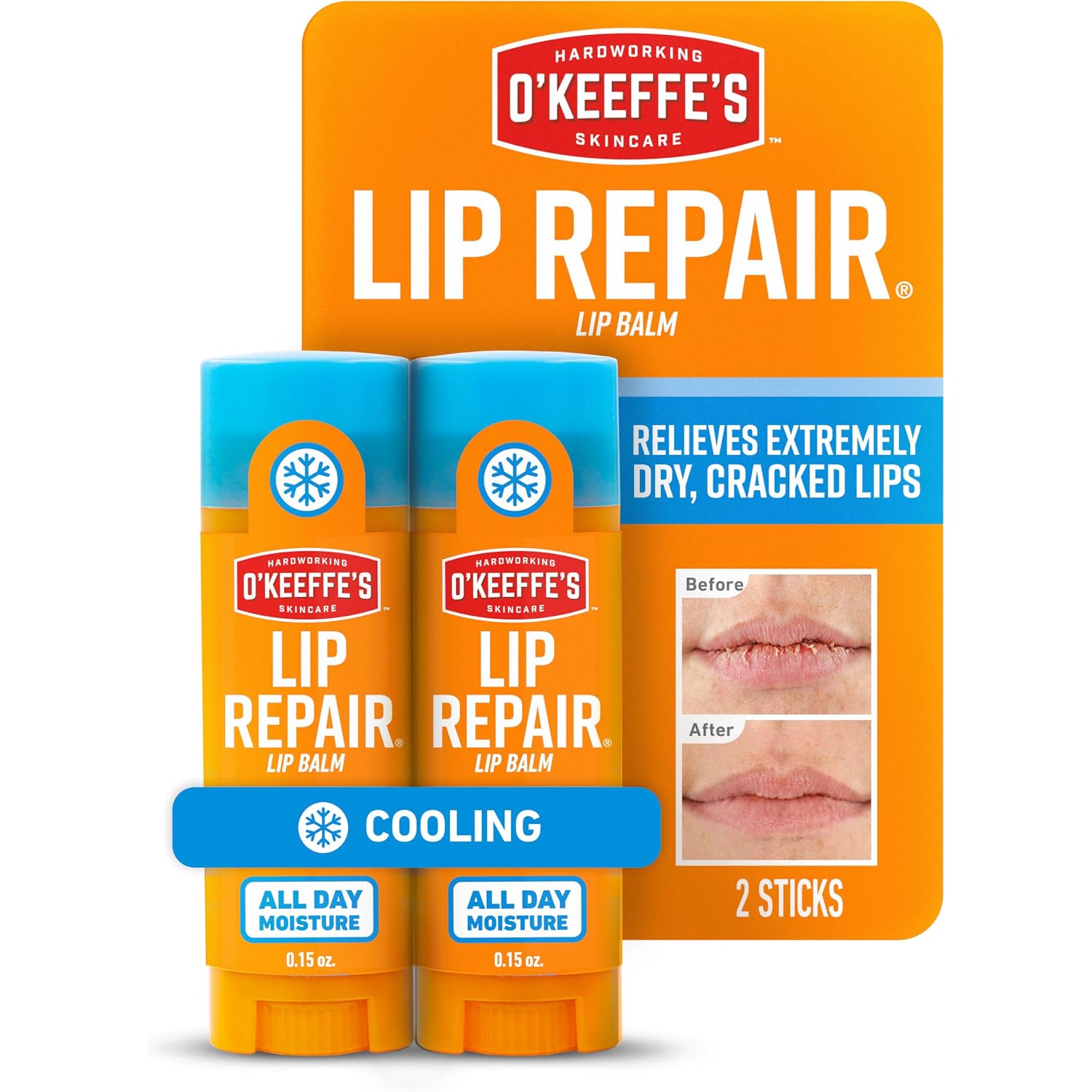 O'Keeffe'S Lip Repair Lip Balm With Cooling Relief For Dry, Cracked Lips - Stick (Twin Pack) - Moisturizer For Extremely Cracked, Dry Lips