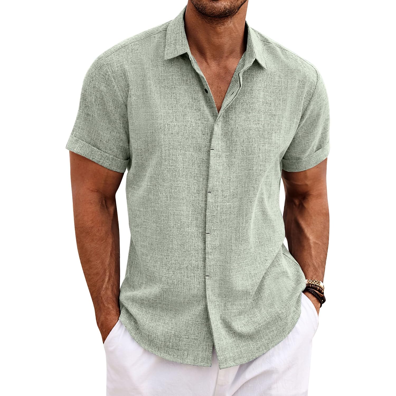 Coofandy Men'S Linen Shirts Short Sleeve Casual Shirts Button Down Shirt For Men Beach Summer Wedding Shirt