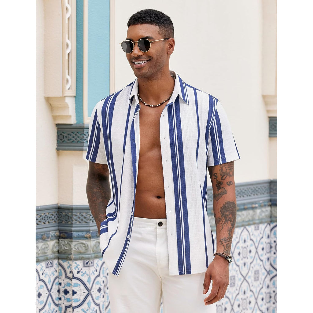 Coofandy Mens Short Sleeve Casual Shirts Button Down Striped Summer Shirts Textured Vacation Beach Shirt