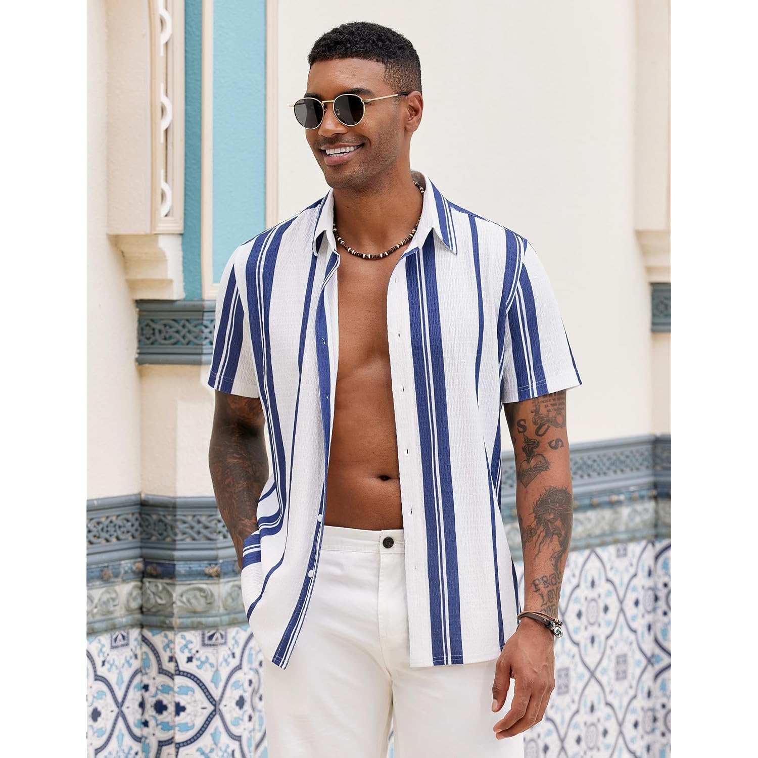 Coofandy Mens Short Sleeve Casual Shirts Button Down Striped Summer Shirts Textured Vacation Beach Shirt