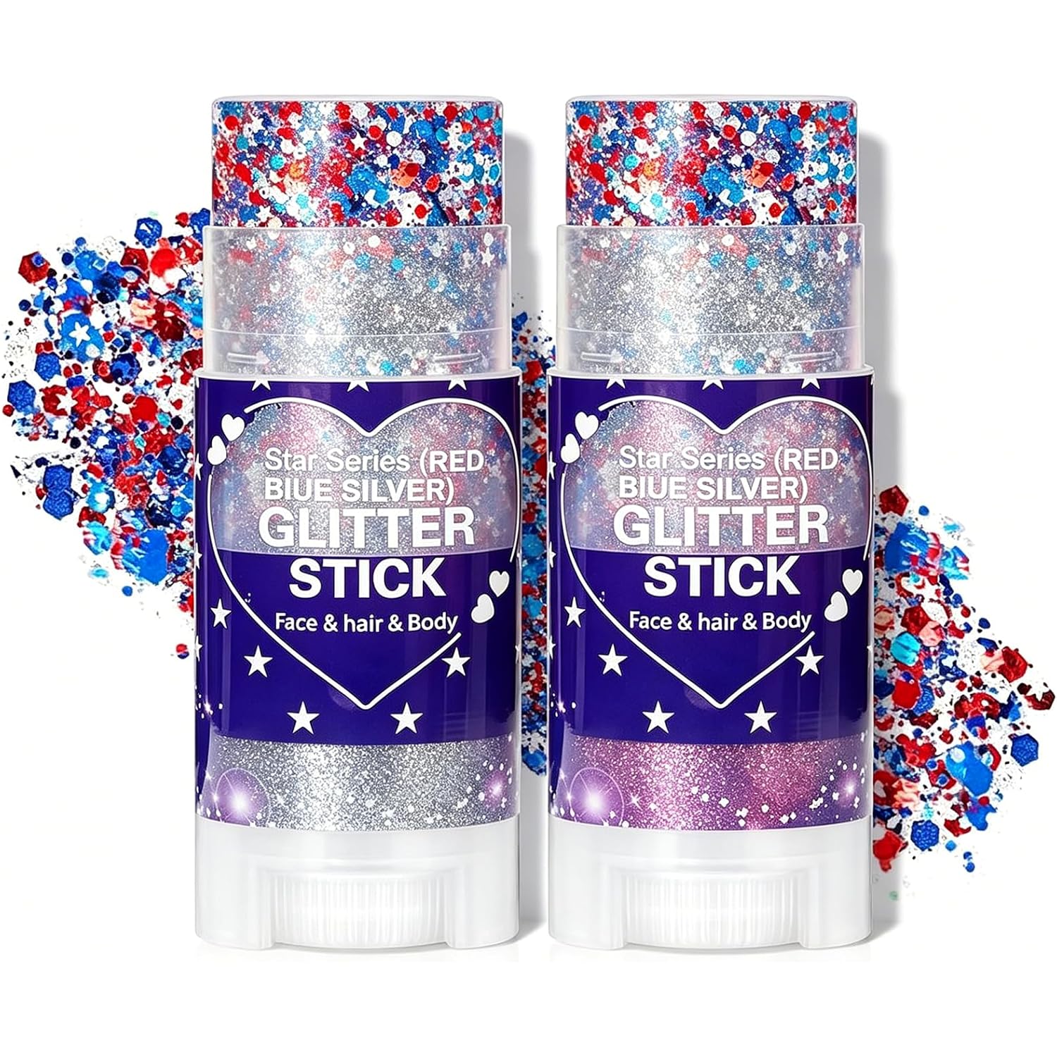 Patriotic Red White And Blue Glitter Stick 2 Pack, Face & Body Glitter Makeup For Women And Girls, Waterproof Usa Flag Glitter For 4Th Of July, Memorial Day, Veterans Day & Usa 250Th Anniversary