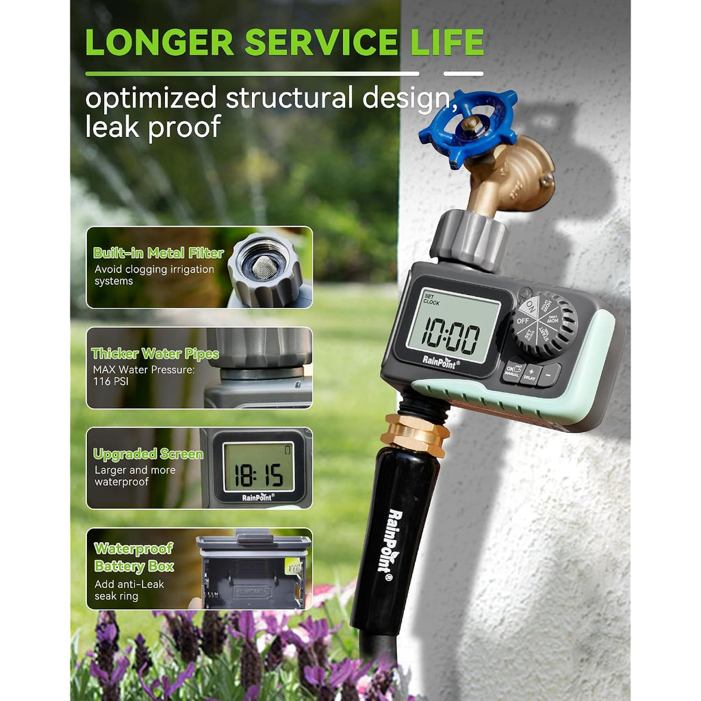 Rainpoint Sprinkler Timer, Programmable Water Timer For Garden Hose, Outdoor Soaker Hose Timed With Rain Delay/Manual/Automatic Watering System, Digital Irrigation For Yard, Lawn, 1 Outlet