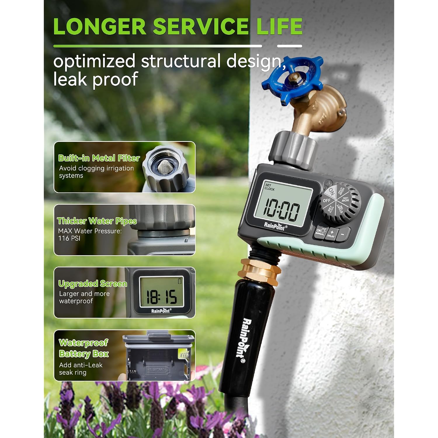 Rainpoint Sprinkler Timer, Programmable Water Timer For Garden Hose, Outdoor Soaker Hose Timed With Rain Delay/Manual/Automatic Watering System, Digital Irrigation For Yard, Lawn, 1 Outlet