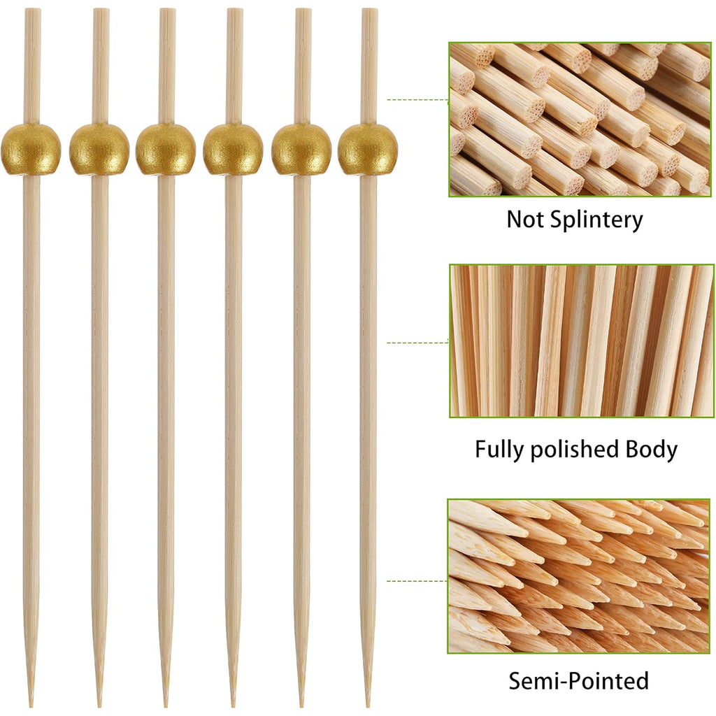200 Pcs Cocktail Picks, 4.7 Inch Toothpicks for Appetizers, Bamboo Cocktail Sticks Skewers for Drinks, Desserts, Charcuterie, Wedding Party Fancy Toothpicks, Gold Pearl Mini Food Picks Decorative