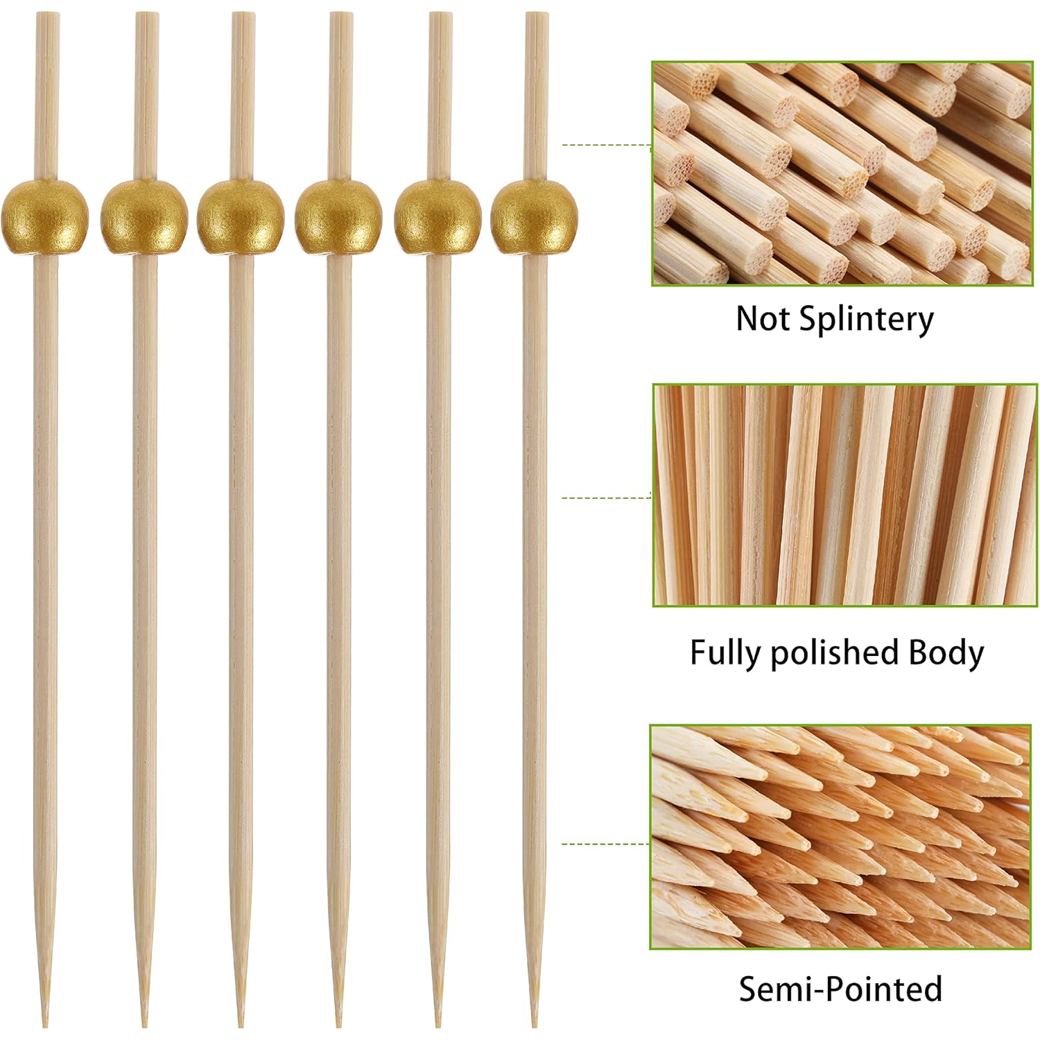 200 Pcs Cocktail Picks, 4.7 Inch Toothpicks for Appetizers, Bamboo Cocktail Sticks Skewers for Drinks, Desserts, Charcuterie, Wedding Party Fancy Toothpicks, Gold Pearl Mini Food Picks Decorative