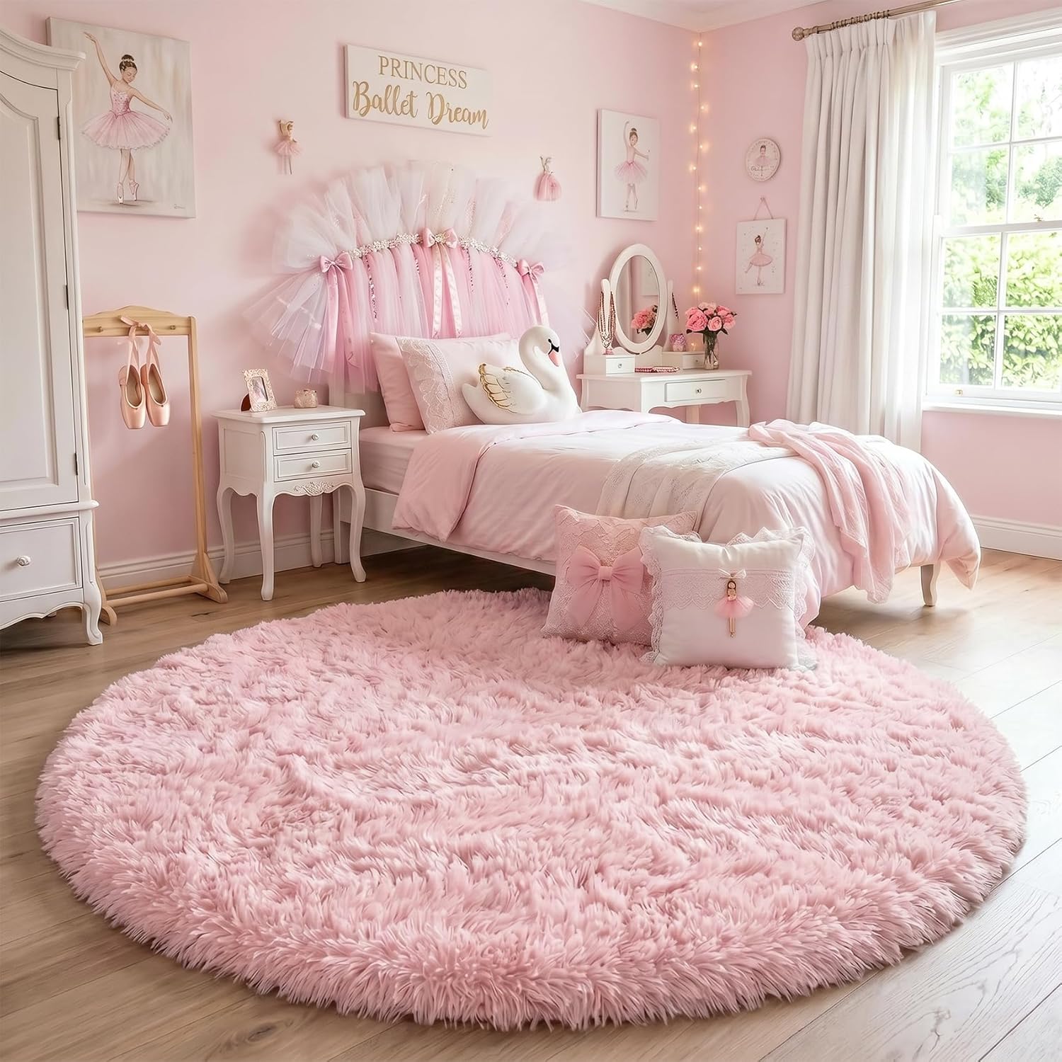 Amdrebio Light Pink Round Circle Rug 4Ft for Girls Bedroom, Fluffy Cute Area Rugs for Kids Room Decor Aesthetic, Small Shag Fur Carpet for Nursery Dorm Classroom Playroom Teen Toddler Baby Corner