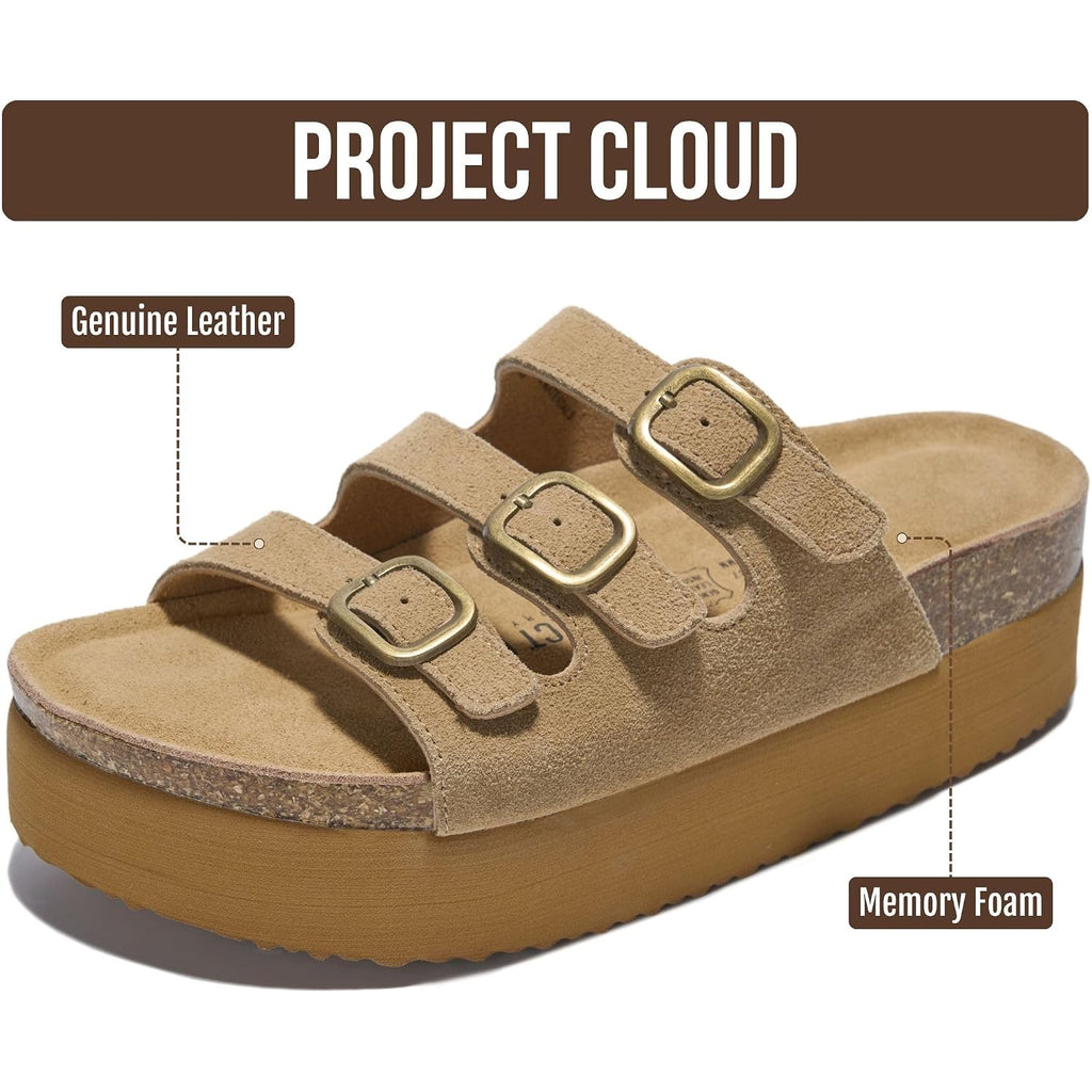 Project Cloud 100% Genuine Leather Platform Sandals Women Footwear - Comfortable Womens Slides Memory Foam Insole - Non Slip Water-Resistant 3-Strap Wedge Sandals For Women 2026