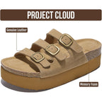 Project Cloud 100% Genuine Leather Platform Sandals Women Footwear - Comfortable Womens Slides Memory Foam Insole - Non Slip Water-Resistant 3-Strap Wedge Sandals For Women 2026