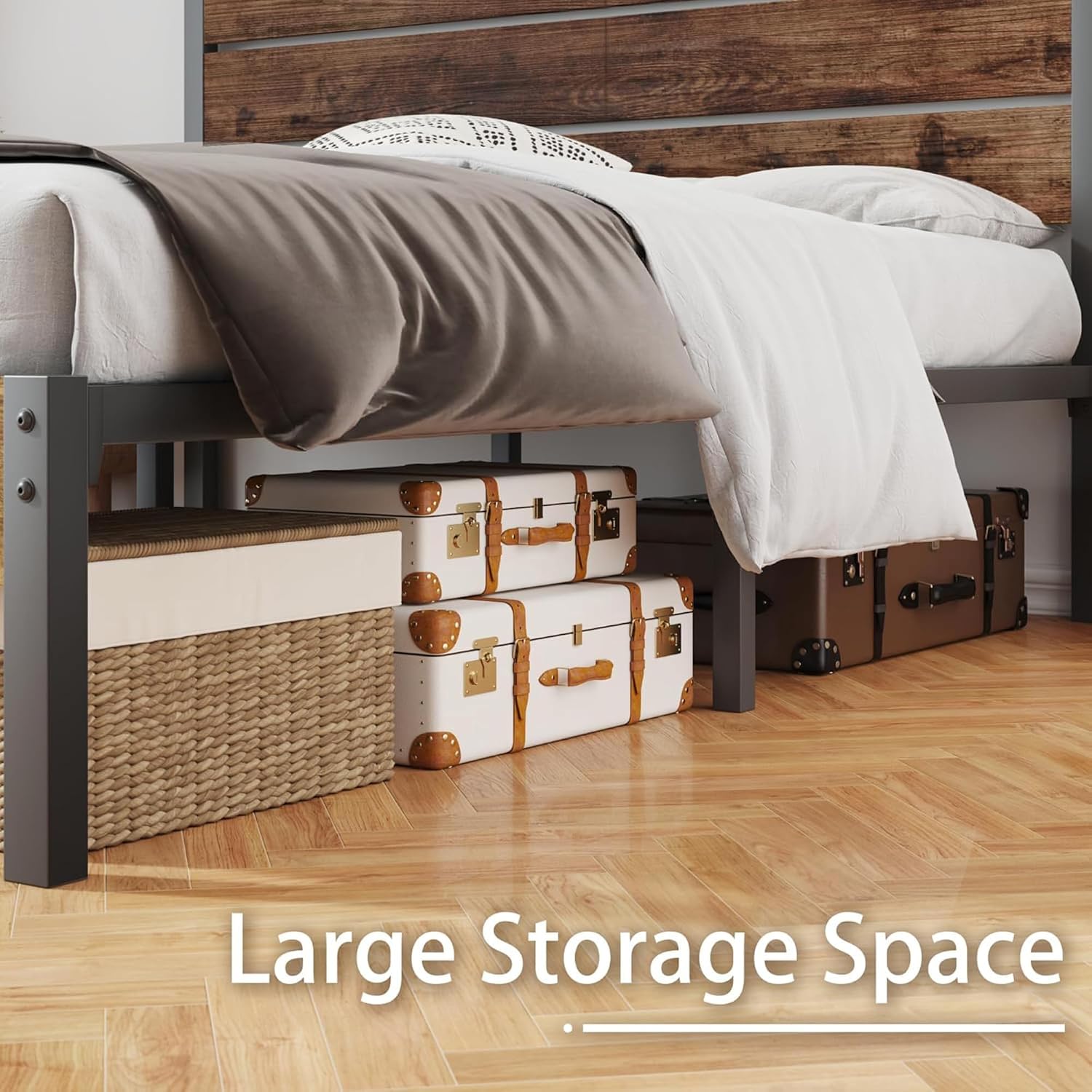 Queen Bed With Headboard And Footboard, With Under Bed Storage, All-Metal Support System, No Box Spring Needed, Easy Assembly,Retro Brown