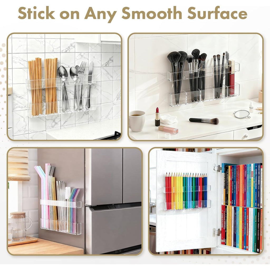 Acrylic Straw Holder For Cabinet Door - Child-Safe Organizer & Dispenser With Smooth Rounded Edges For Kitchen Accessories Storage, Adhesive Circles Included (Clear Transparent)