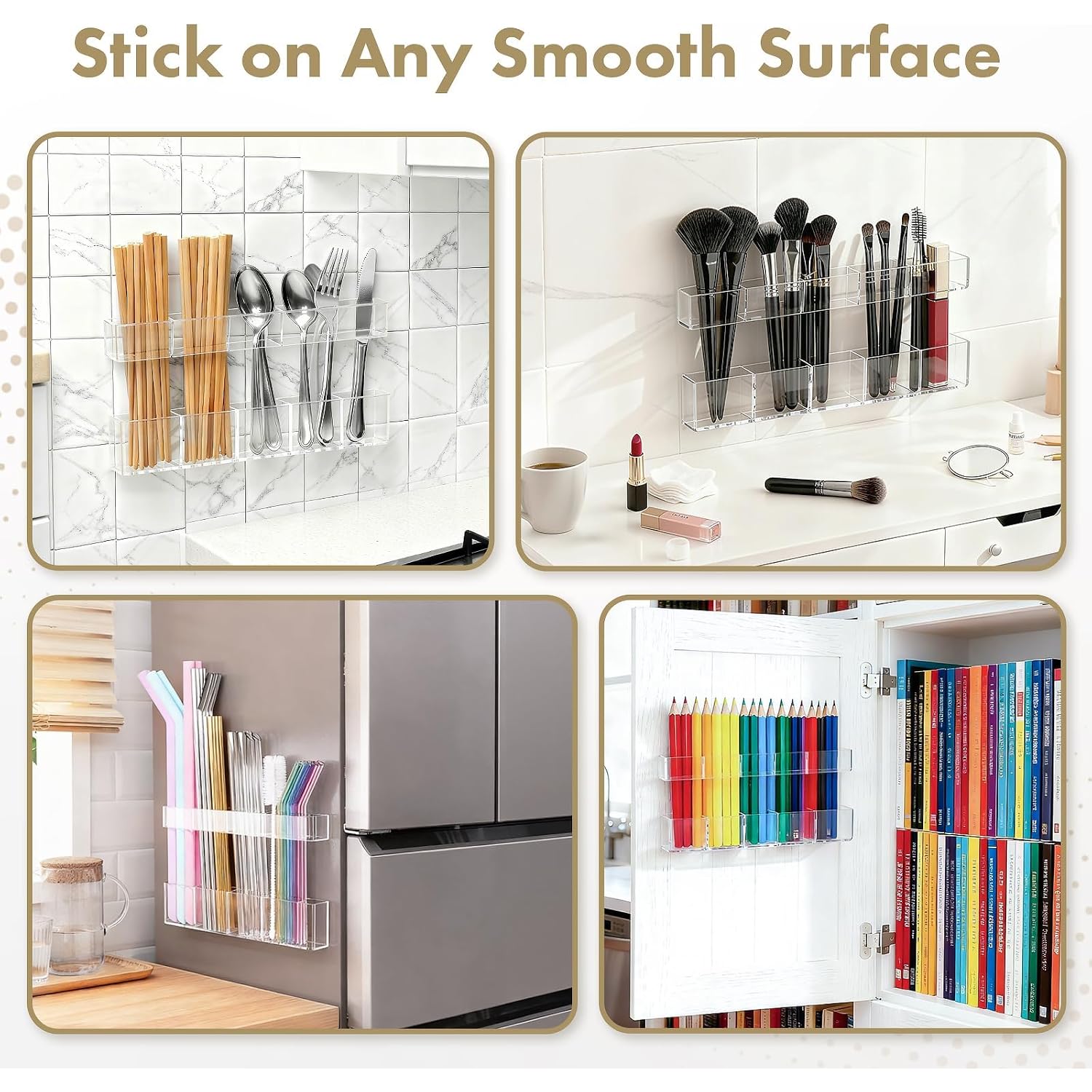 Acrylic Straw Holder For Cabinet Door - Child-Safe Organizer & Dispenser With Smooth Rounded Edges For Kitchen Accessories Storage, Adhesive Circles Included (Clear Transparent)
