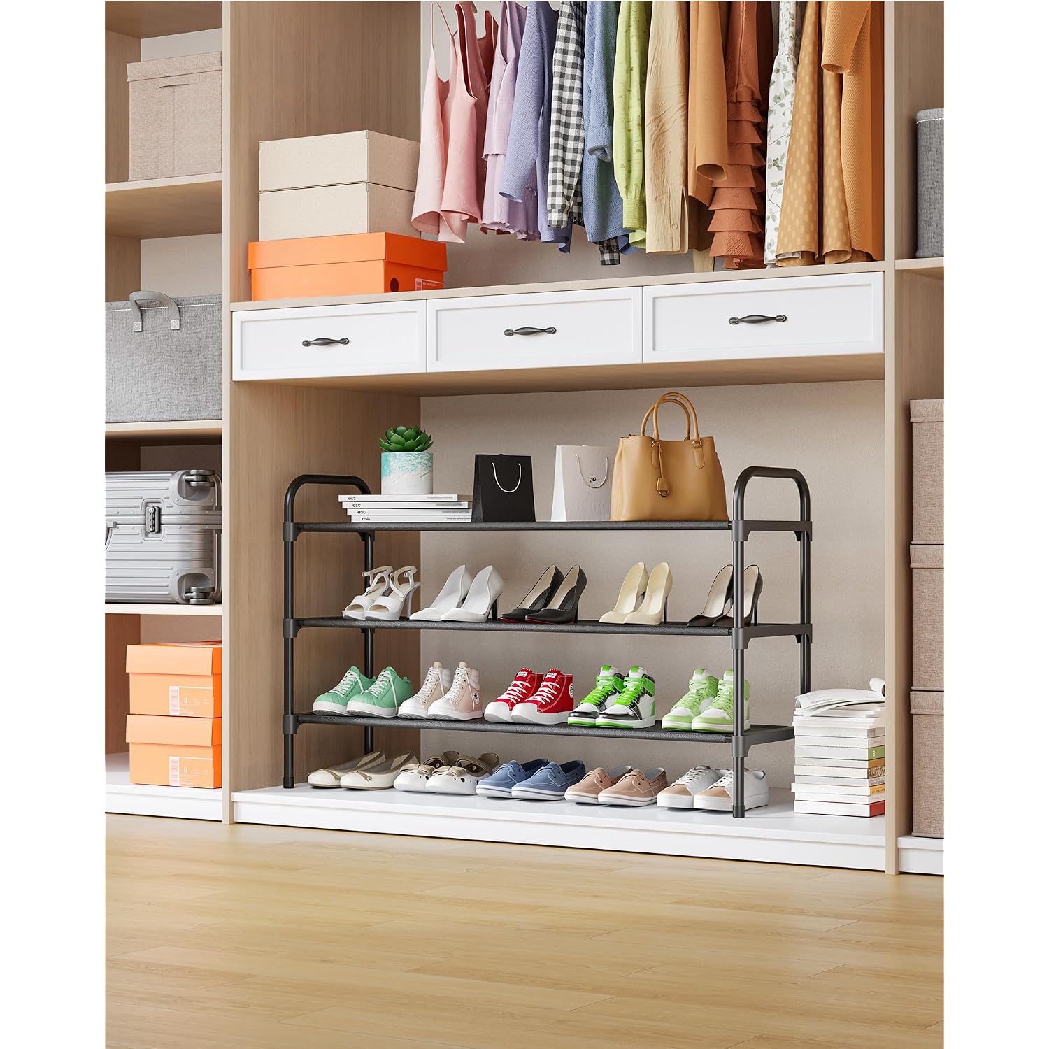 Kitsure Shoe Rack, 39" Wide Extra-Long Shoe Organizer, 3-Tier, Black | Closet, Front Door Entrance, Entryway, Stackable & Detachable Shelf, Closet Organizers And Storage