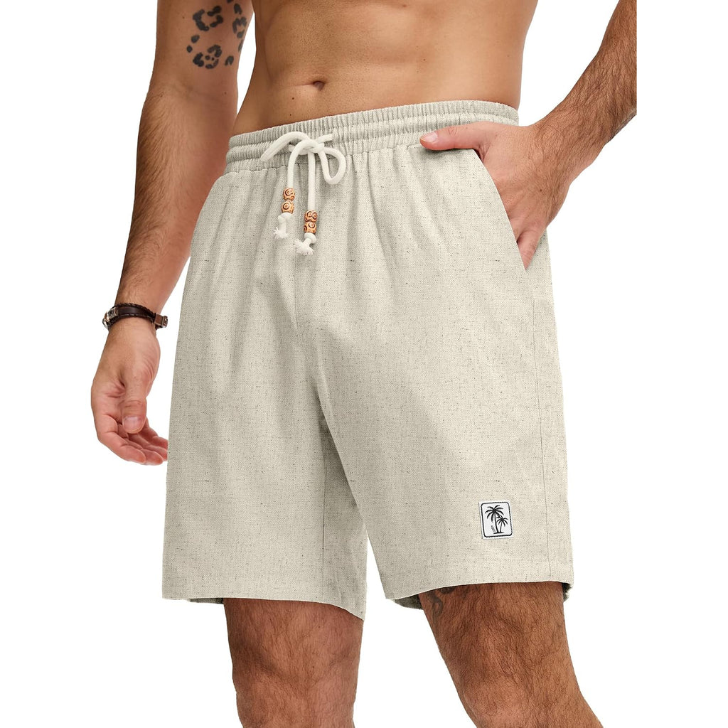 Jemldl Mens Cotton Linen Shorts 7 Inch Elastic Waist Drawstring Casual Vacation Summer Beach Golf Shorts With Pockets