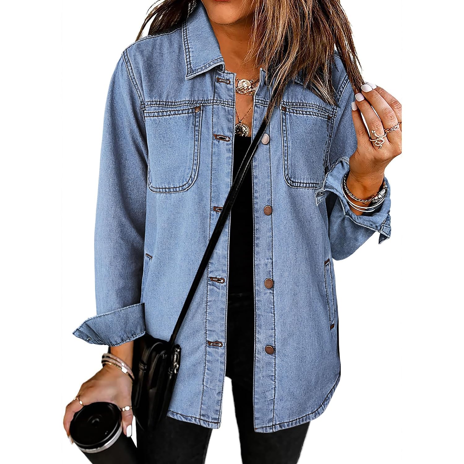 Luvamia Denim Jackets For Women Trendy Long Sleeve Button Down Shirt Jacket Jean Shacket With Pocket Western Work Jacket