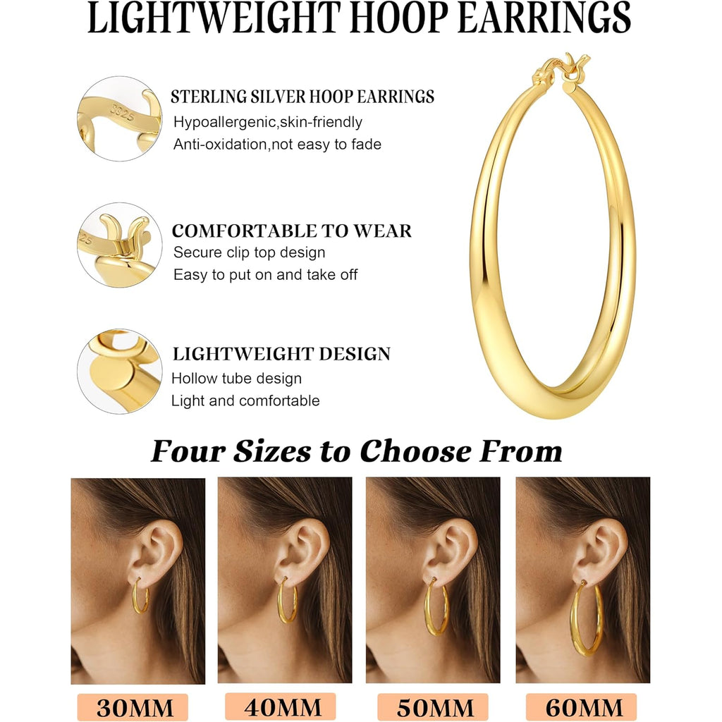Silver Hoops Earrings for Women Hypoallergenic 925 Sterling Silver 14K Gold Plated Hoop Earrings Lightweight Large Thick Hollow Tube Hoop Earrings 30/40/50/60MM