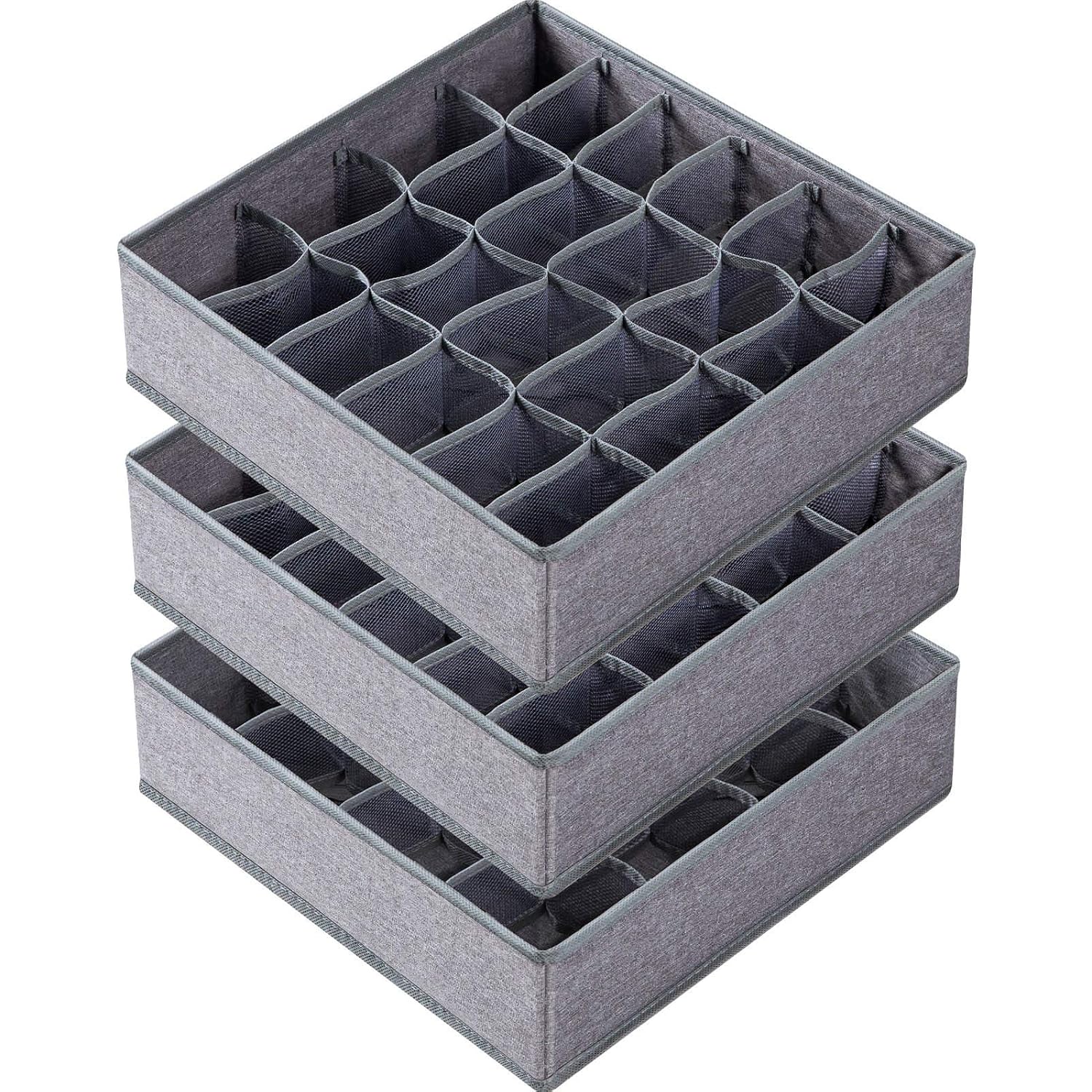 3 Pack Sock Underwear Drawer Organizer Dividers, 64 Cell Fabric Foldable Dresser Organizer For Closet Organizers And Storage Boxes For Organizing Socks, Underwear, Ties (16+24+24 Cell, Gray)