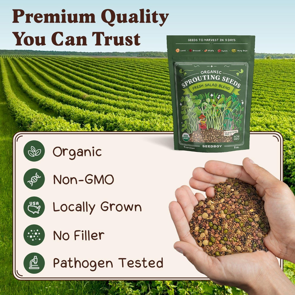 Organic Non-Gmo Sprouting Seeds, Fresh Salad Blend - Usa Grown Microgreens Mix With Alfalfa, Broccoli, Radish, Mung Bean & Lentil - 8 Oz Bag Makes 8 Quarts / 32 Servings (Salad Blend)