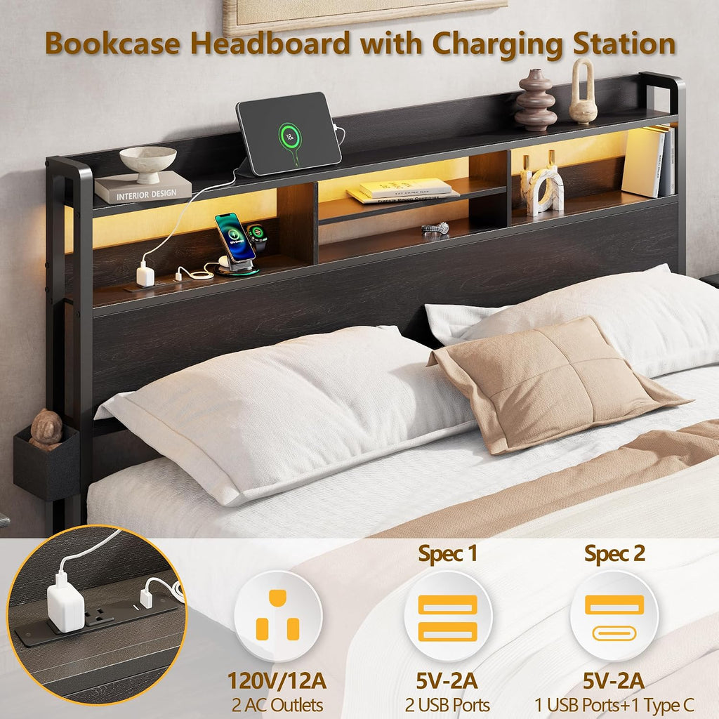 Full Size Bed Frame With Headboard And Charging Station,2 Drawers