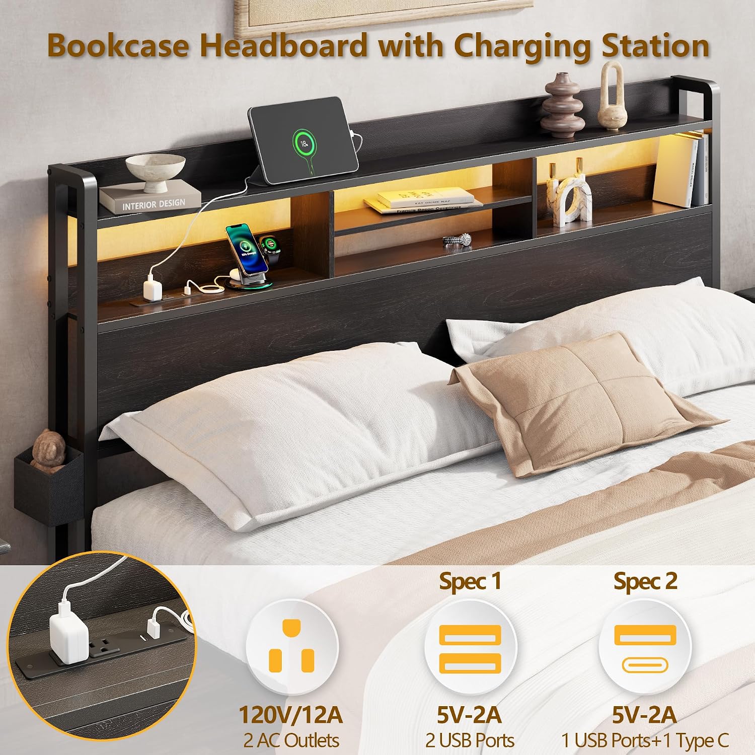 Full Size Bed Frame With Headboard And Charging Station,2 Drawers