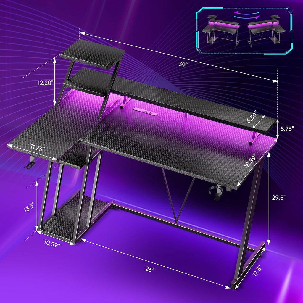 Korfile 40 Inch Gaming Desk With Led Lights & Power Outlet, L Shaped Computer Gaming Table With Storage Shelves, Reversible Corner Desk With Monitor Stand For Home Office, Carbon Fiber Black