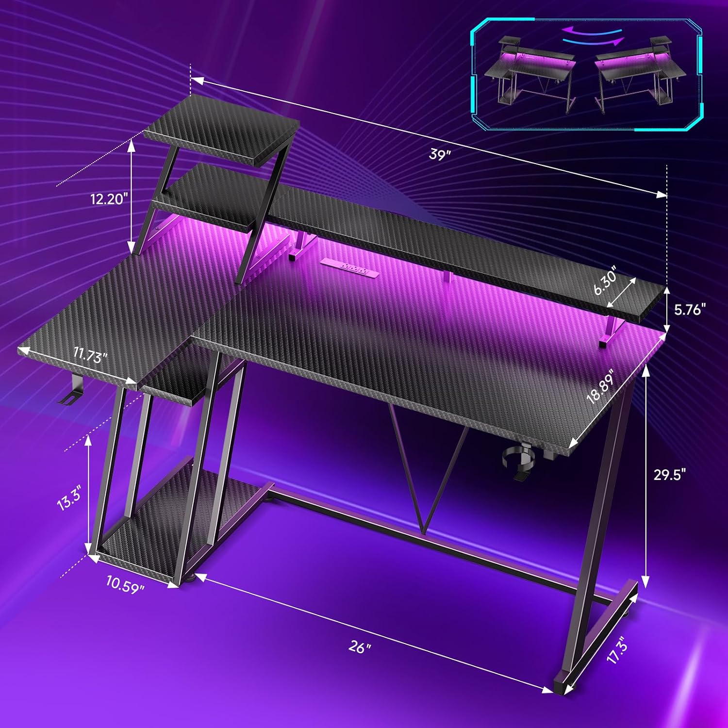 Korfile 40 Inch Gaming Desk With Led Lights & Power Outlet, L Shaped Computer Gaming Table With Storage Shelves, Reversible Corner Desk With Monitor Stand For Home Office, Carbon Fiber Black