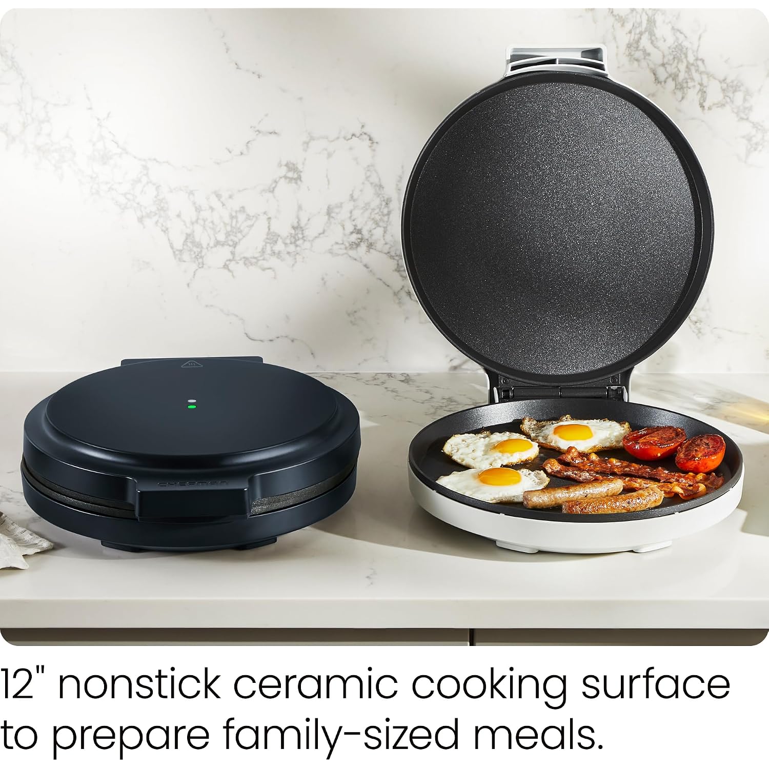 Chefman Everything Maker & Pizza Oven – 1440W Countertop Electric Pizza Maker With 12” Nonstick Cooking Plates, Plus Makes Quesadillas, Omelettes And More, With Indicator Lights And Vertical Storage