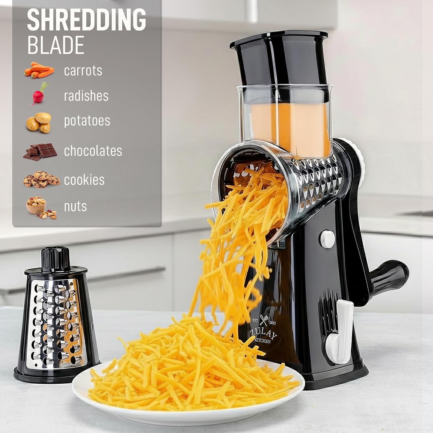 Zulay Kitchen Rotary Cheese Grater 5 Blade Cheese Shredder - Manual Hand Crank Cheese Grater With Reinforced Suction & 5 Interchangeable Drums - Easy To Use, Vegetable Chopper Round Mandoline Slicer