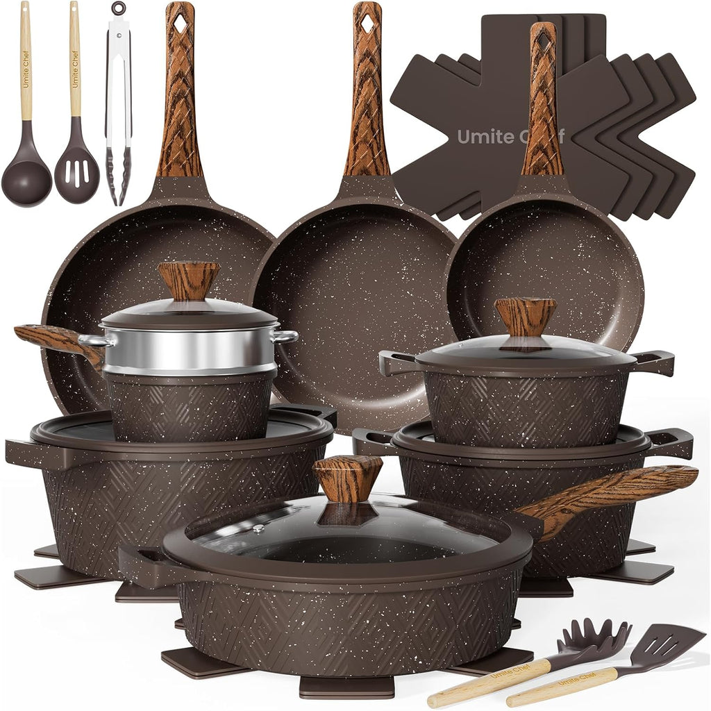 Umite Chef 26Pcs Pots And Pans Set Non Stick, Nonstick Cookware Sets, Induction Cook Ware, Includes Steamer & Silicone Utensils, Housewarming Gift, Kitchen Cooking Sets W/Frying Pan (Pfos, Pfoa Free)