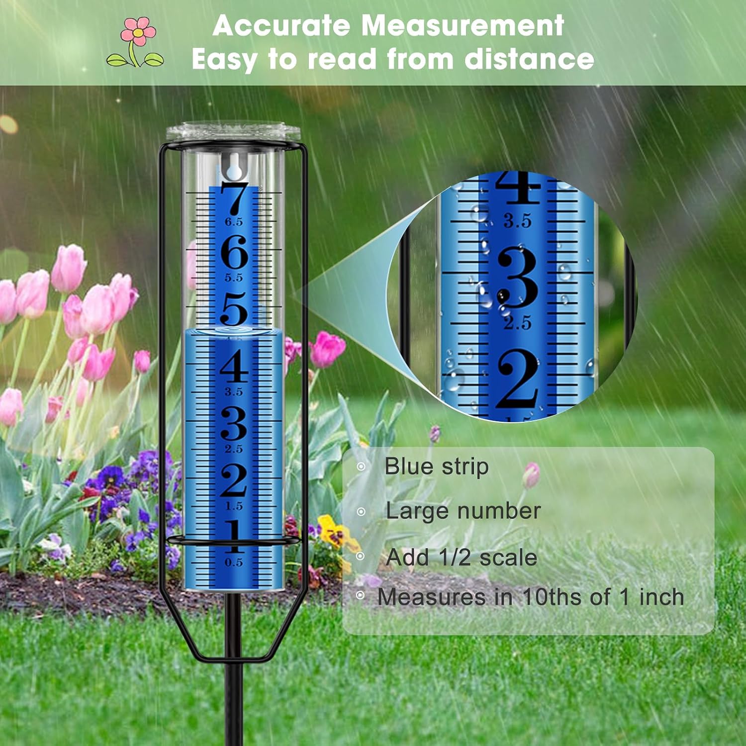Finest+ Upgraded Rain Gauge, 7" Freeze Proof Rain Gauge Outdoor Best Rated, Large Clear Numbers And Adjustable Height Rain Measuring Tool For Garden, Lawn And Farm