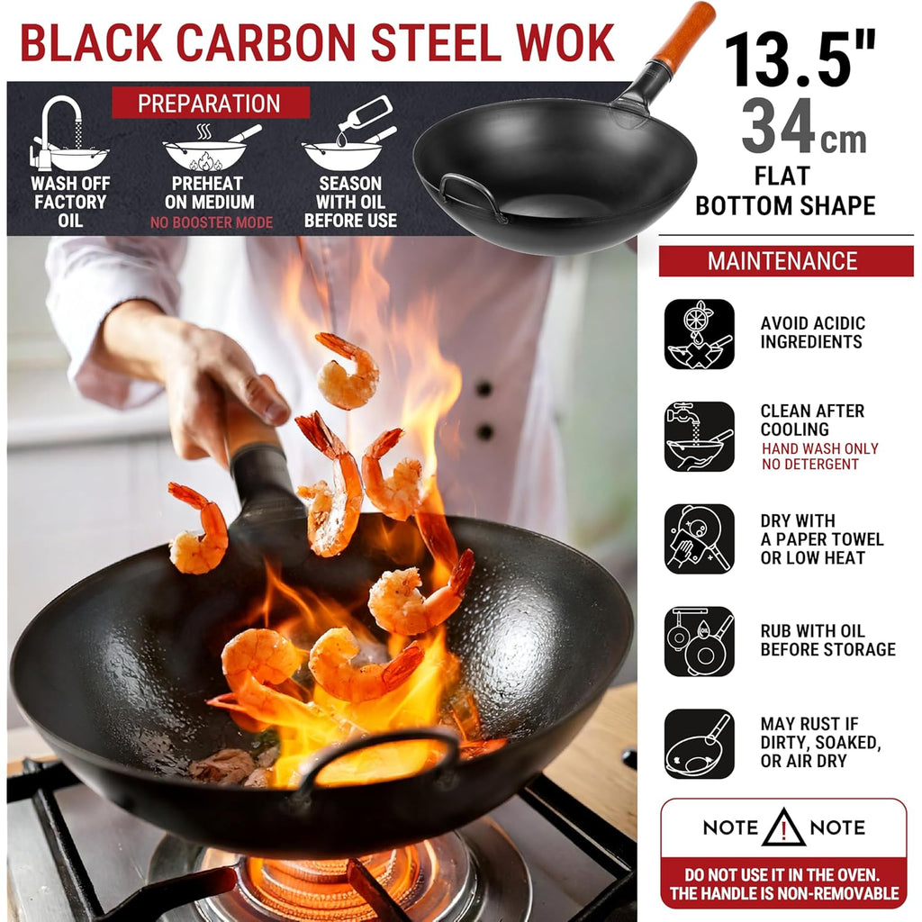 YOSUKATA 13.5" Carbon Steel Wok Pan – Pre-Seasoned Flat Bottom Pow Wok for Stir Fry, BBQ, Grill & Camping – Traditional Japanese Chinese Cookware – Compatible with Induction, Electric, Gas, Open Fire